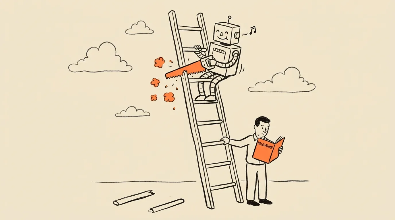Hand-drawn editorial cartoon: a cheerful robot perched near the top of a ladder is sawing straight through the rung it is standing on, whistling to itself, while below a man steadies the ladder with one hand and reads a book titled Delegation, not looking up. Two already-severed rungs lie on the ground.