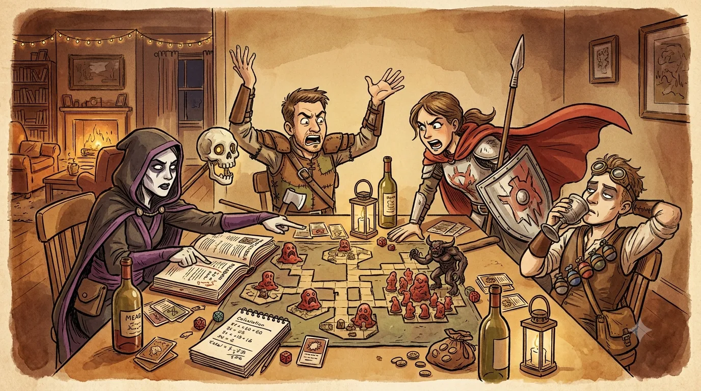 Hand-drawn editorial cartoon: four friends in homemade fantasy-mercenary costumes crowd a candlelit dining table, mid-argument over a fat rulebook and a hex-tile board strewn with little red blob monsters and a horned demon. A hooded, pale-faced player jabs a finger at the rules; an armoured, red-caped player shouts; a leather-clad player throws both hands in the air; and a goggled tinkerer slumps back with a goblet. Bottles of mead and lanterns clutter the table.