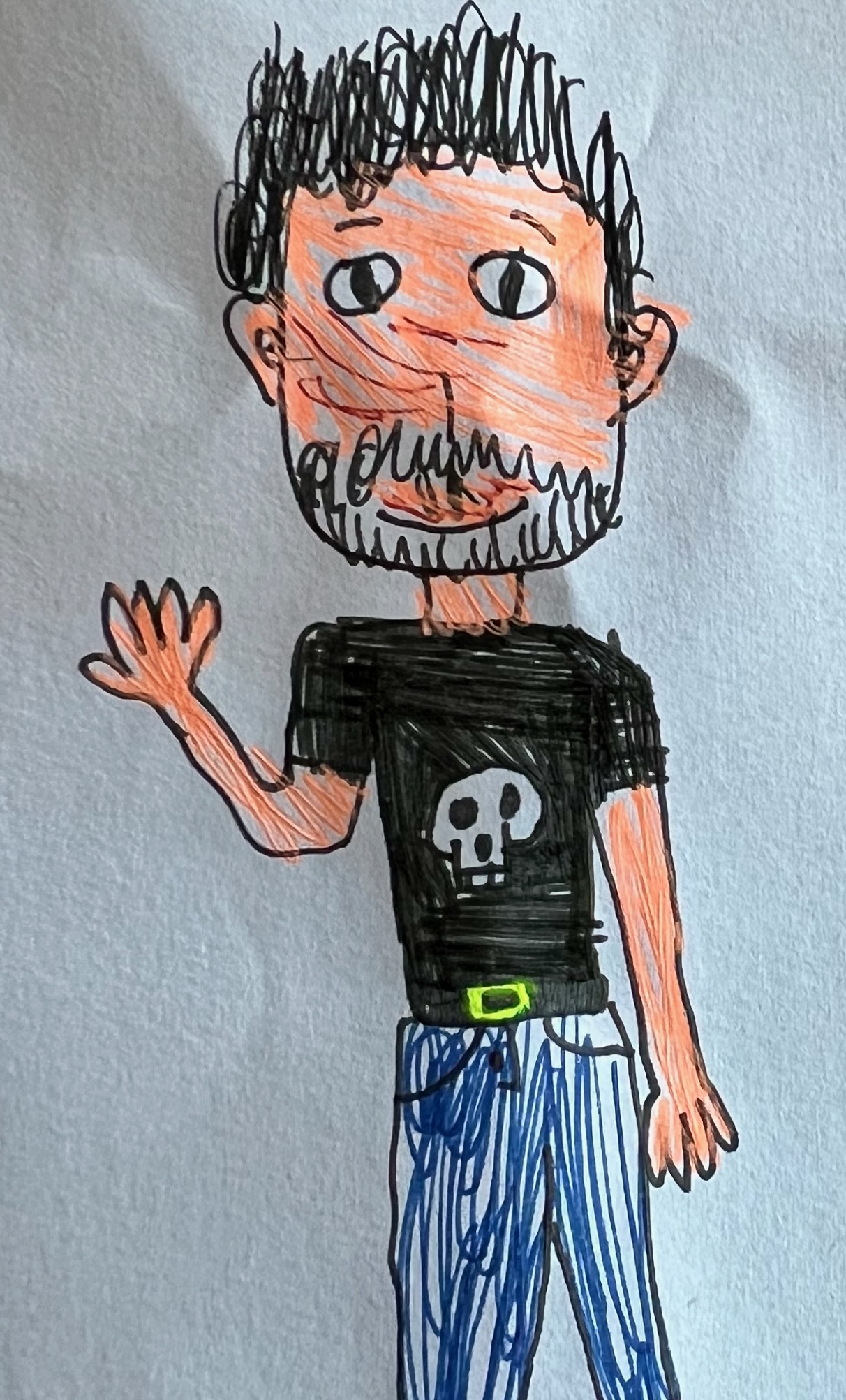 Hand-drawn self-portrait of Jason — wild hair, stubble, skull t-shirt, blue jeans.