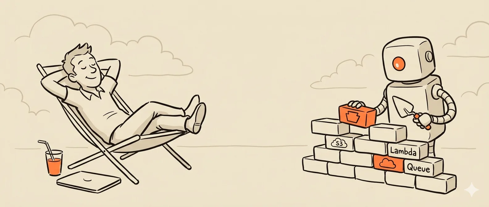 Hand-drawn editorial cartoon: a developer reclines in a deck chair with a drink and a closed laptop beside them, while a friendly robot lays bricks labelled S3, Lambda and Queue into a slightly crooked wall — building their cloud infrastructure for them.